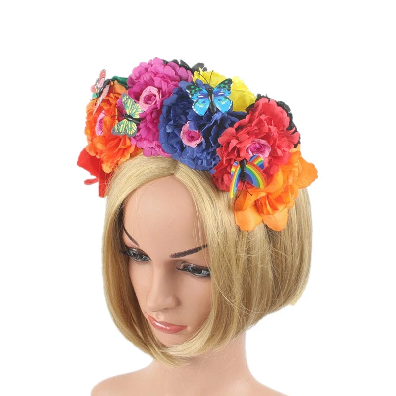 Halloween Simulation Colorful Peony Flower Headband Fairy Butterfly Mexican Crown Cosplay Day of The Dead Headpiece