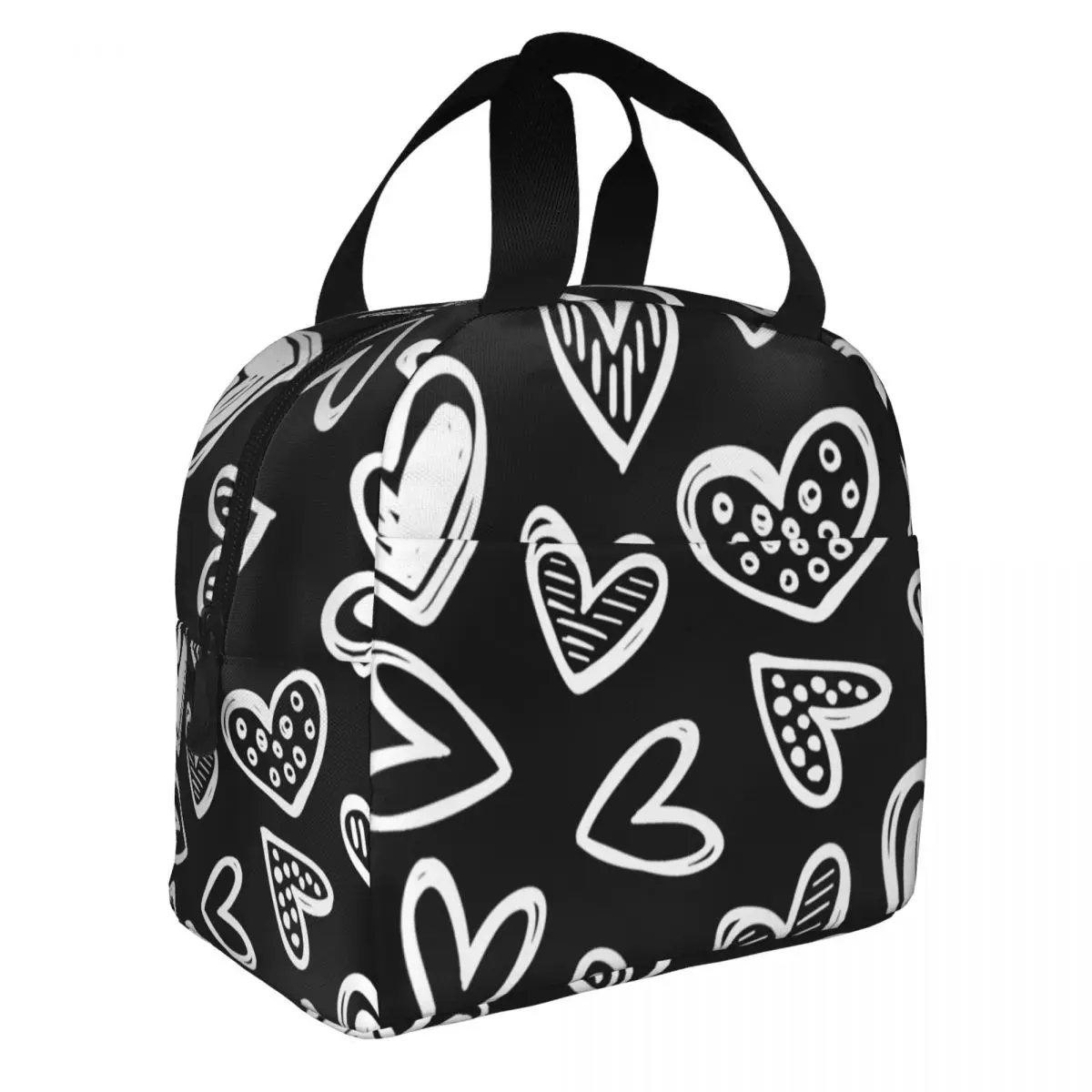 Doodle Hearts Sketch Lunch Bag Portable Insulated Oxford Cooler Bag Thermal Cold Food Picnic Lunch Box for Women Children