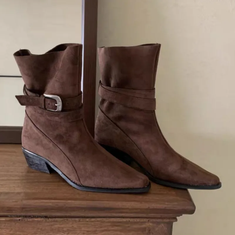 

Mid Heels Pointed Toe Ankle Boots for Women Fashion Suede Winter New Shoes 2025 Designer Chelsea Lace Up Short Boots Party Pumps