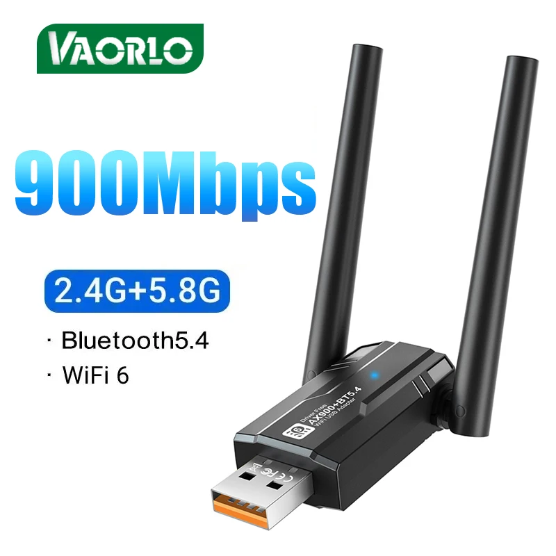 

Двухдиапазонный Wi-Fi USB Ethernet-адаптер VAORLO 900 Мбит/с с 2 антеннами Bluetooth 5.4 Беспроводной ключ Сетевая карта для Windows 10/11