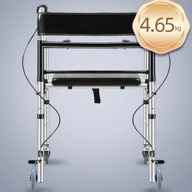 ブレーキハンドルとシート付き折りたたみ歩行器、高齢者歩行補助トロリー、四輪リハビリ歩行器