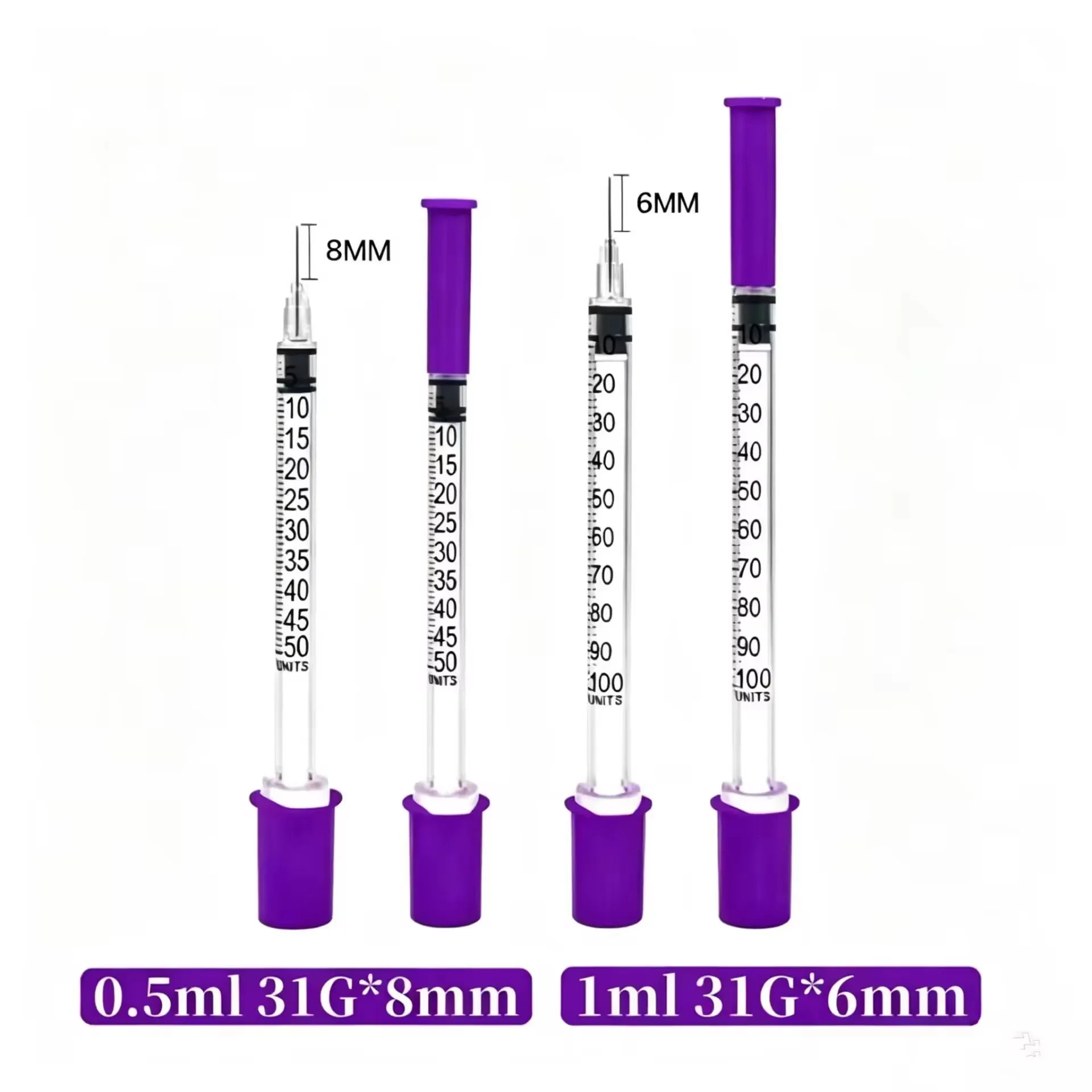 Purple Colored Disposable Sterile Insulin Syringe with Needles 0.5ml 1ml U-100 30G 31G 6mm 8mm for Most Human Insulin Types