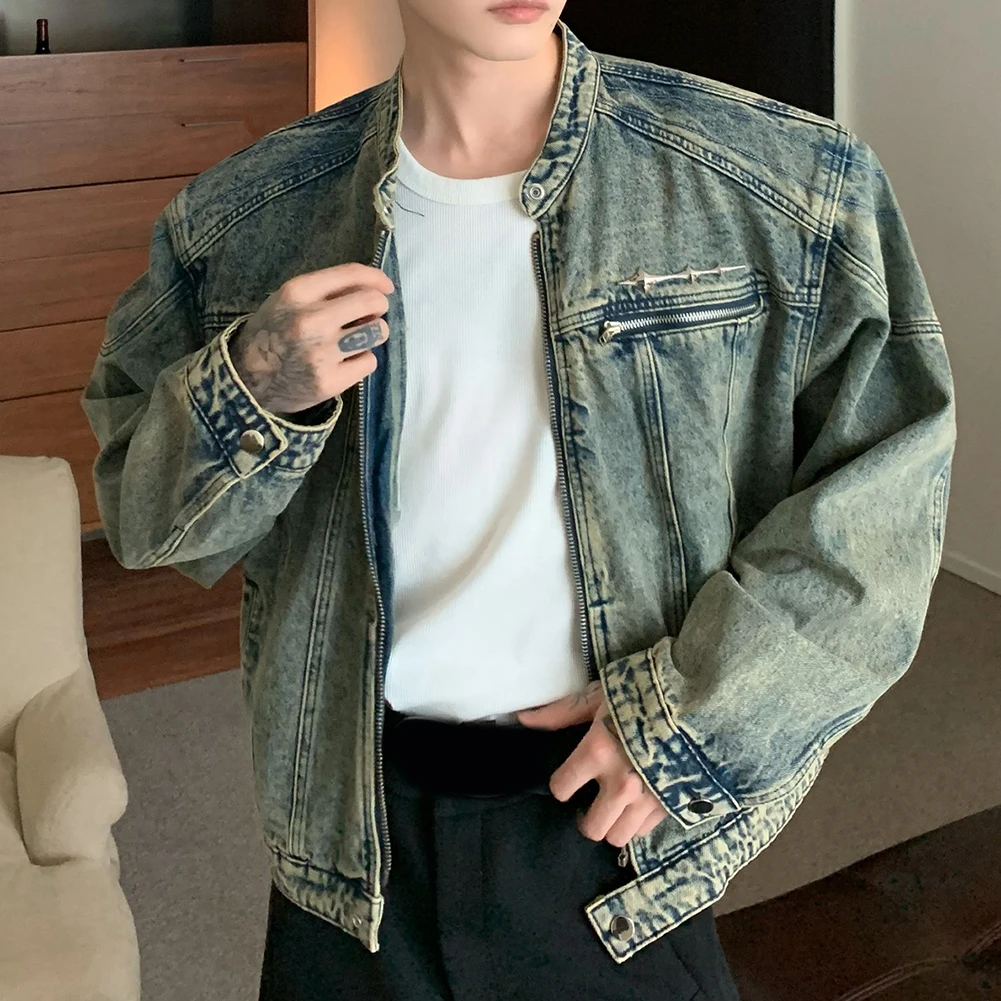 

Cargo Jackets Men's Outerwear Distressed Cargo Jacket Long Sleeve Style Regular Clothing Length Slight Stretch Material