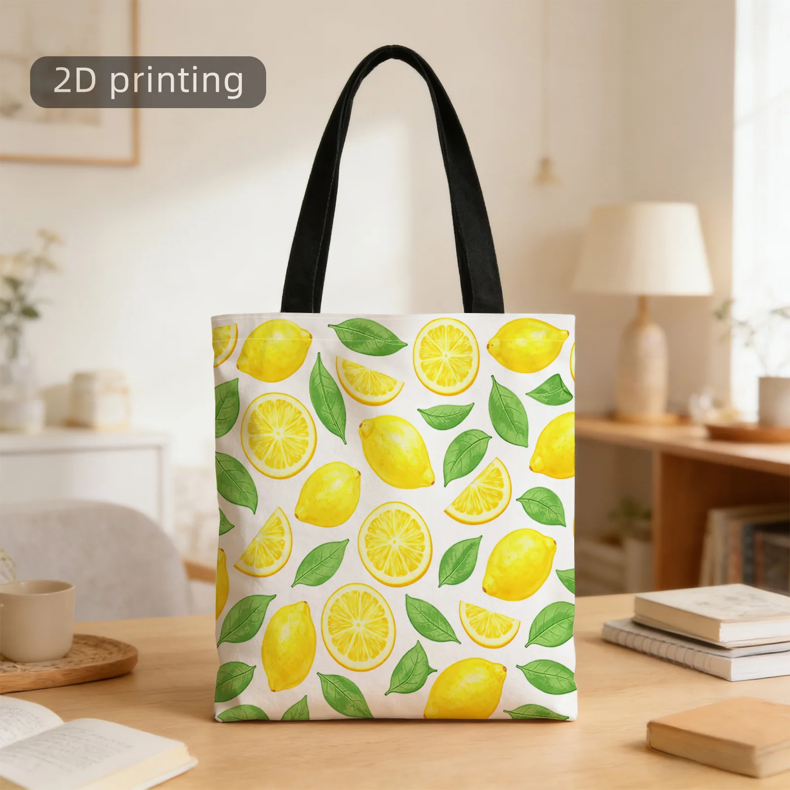 

Colorful Lemon Slice Leaf Pattern 2D Printed Reusable Stylish Tote Shoulder Bag for Shopping Office Holiday Daily Commuting Trav