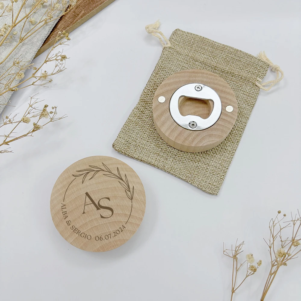 

Custom Wedding Magnet Souvenirs Personalized Wedding Gifts for Guests Wooden Fridge Magnet Bottle Opener with Burlap Bag