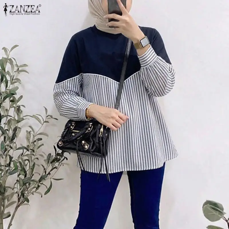 

2026 ZANZEA Muslim Blouse Women Summer Patchwork Tops Casual O Neck Long Sleeve Blouse Striped Blusas Female Loose Chemise Mujer