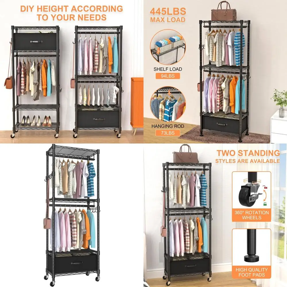 

4-Tier Adjustable Hanging Closet Organizer with Double Rods, Side Hooks, 445lbs Capacity, Black