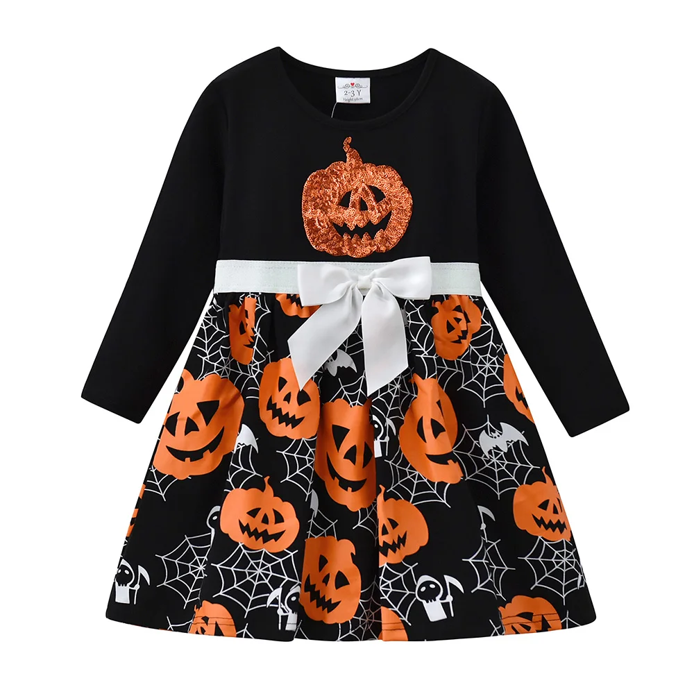 DXTON Kids Girls Halloween Dress Kids Pumpkin Print Long Sleeve Dresses Kids Festival Party Cosplay Costumes Children Clothing