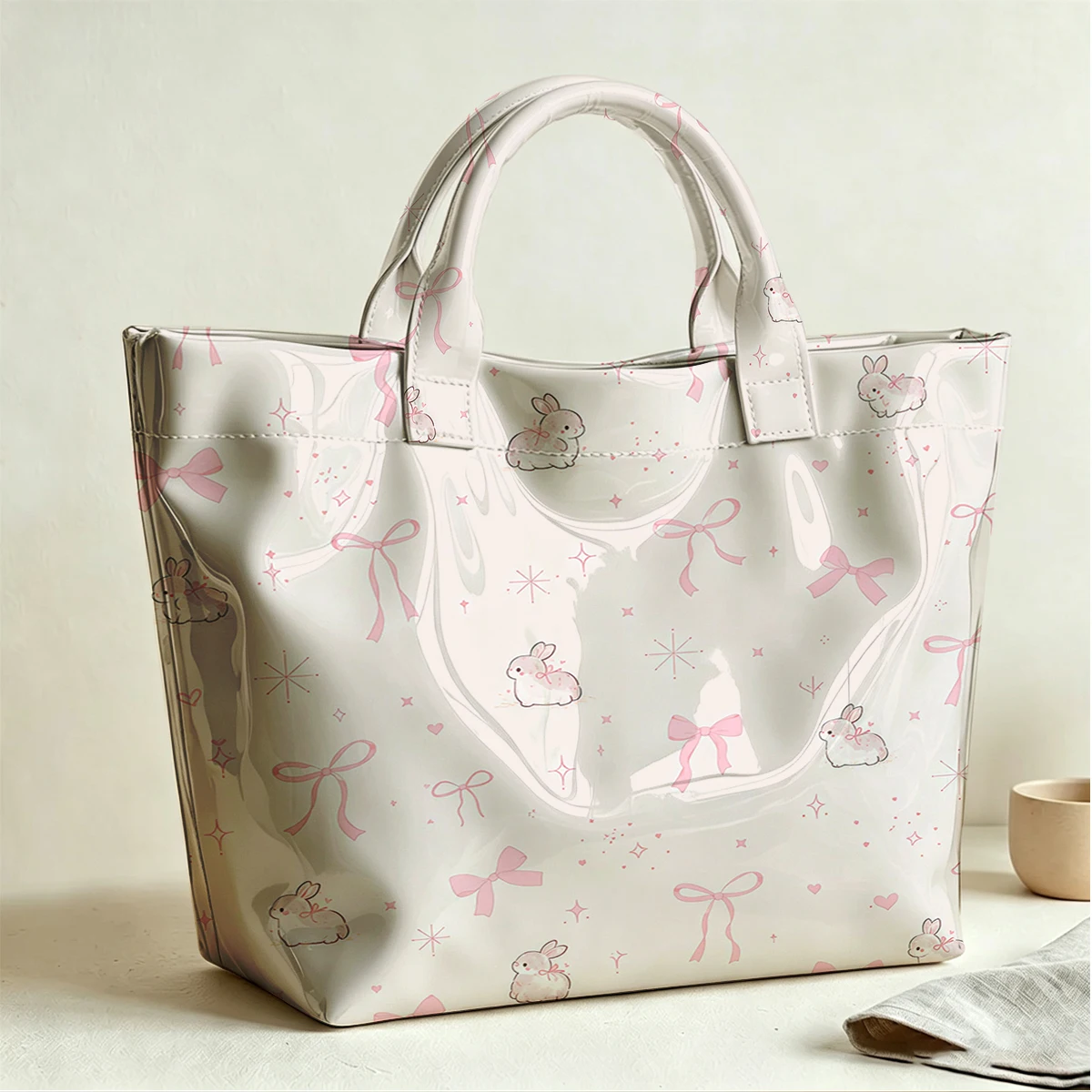 Bunny Dreams Large PVC Waterproof Capacity Canvas Shoulder Bag Dual Side Print Tote Bag Daily Shopping Bag Fashion Handbag