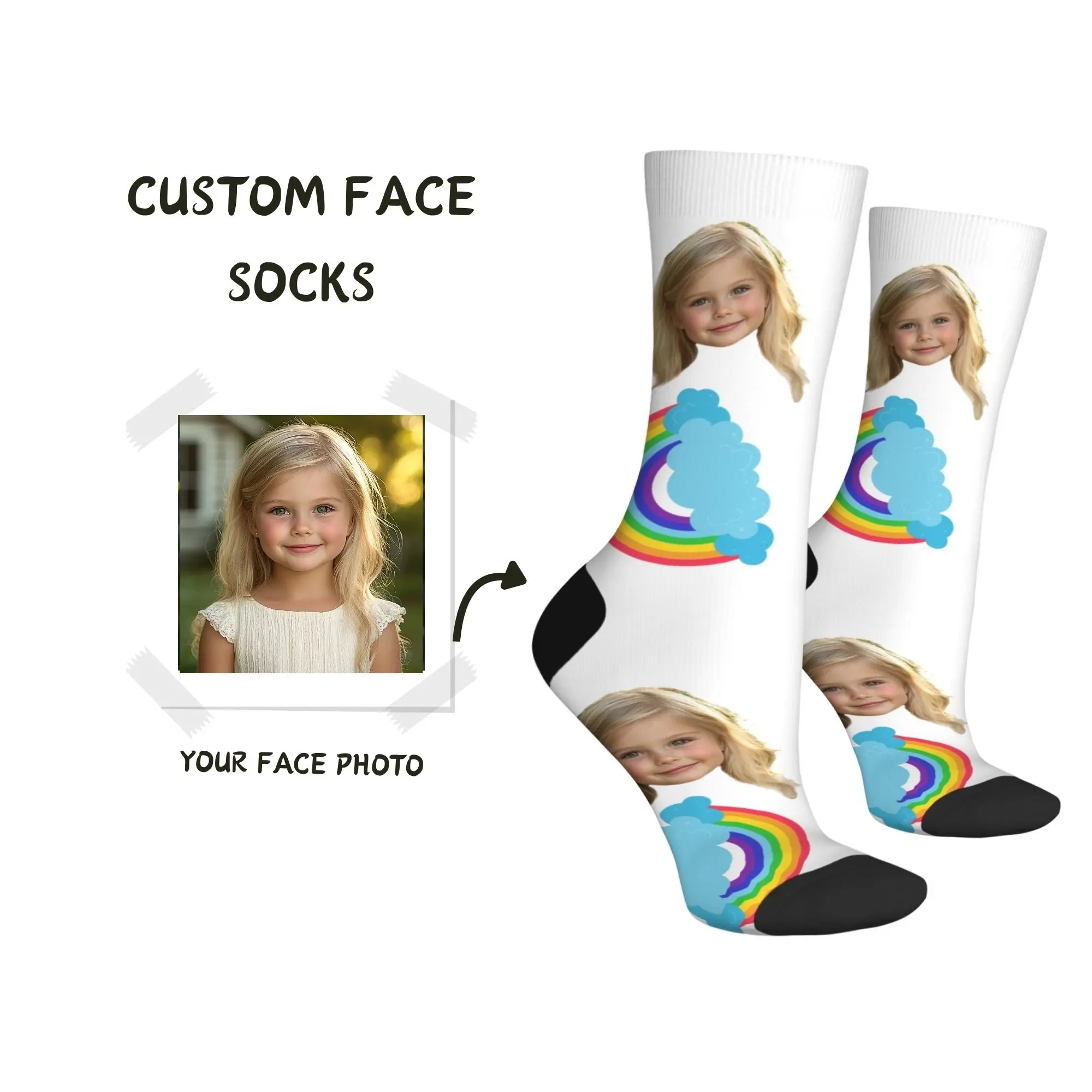 

Lovely Cute Personalized Children’s Day Birthday SocksCustom Kid Face Rainbow & Blue Clouds on White Cartoon Gift for Kids