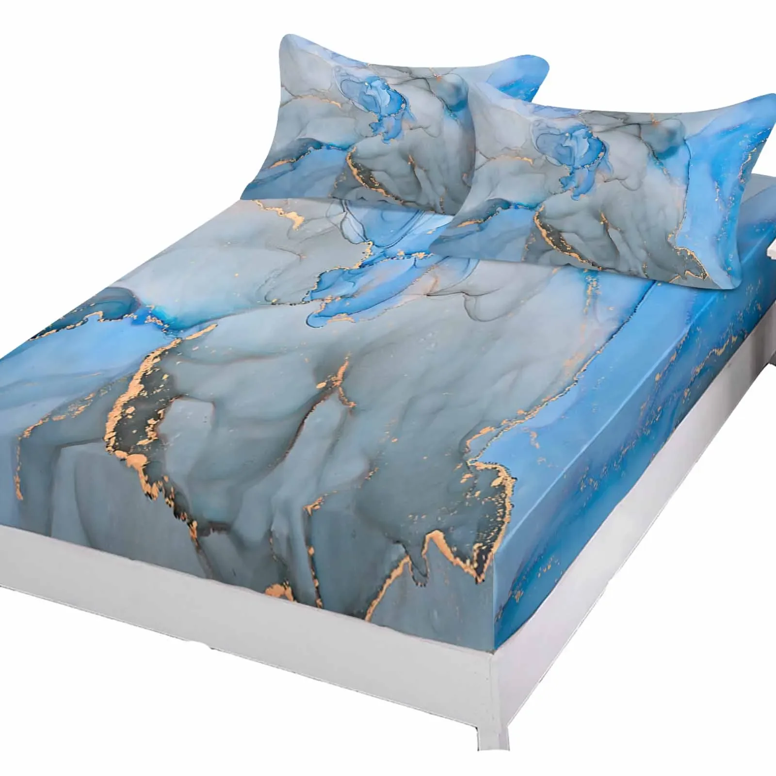 Marble Texture Watercolor Blue Gray Polyester Fitted Sheet Mattress Cover Four Corners Elastic Band Bed Sheet With Pilllowcase