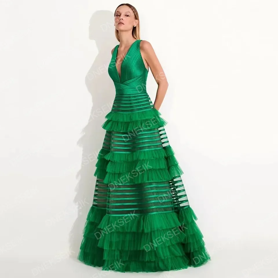 

Elegant V-Neck SleevelessTiered A-Line Formal Evening Dresses Birthday Party Prom Gowns Customized