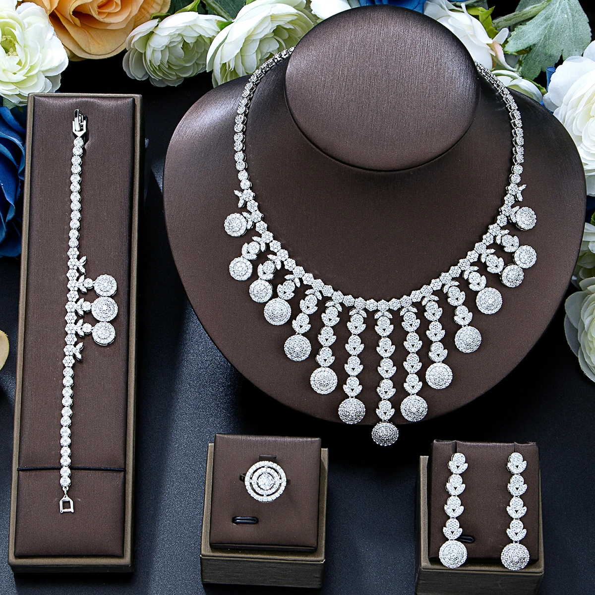 Dubai Luxury 4 Piece Bridal Zirconia Complete Jewelry Set for Ladies Party, Luxury Dubai Nigeria Crystal Wedding Jewelry Set ﻿