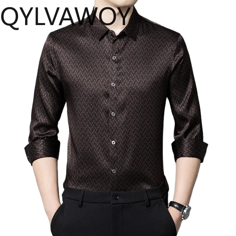 

QYLVAWOY 90.8% Real Mulberry Silk Men's Shirts Xiangyunsha Shirts Long Sleeves Tops High-end Shirts for Man Business Ropa Hombre