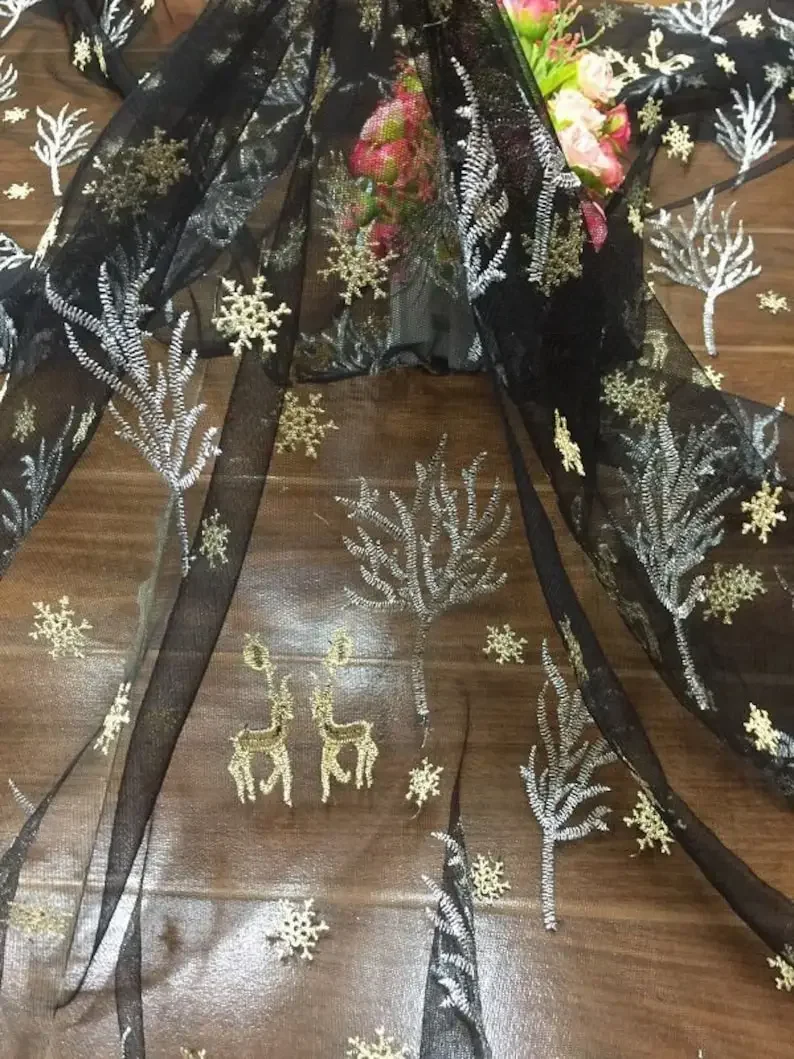 6 Colors Tree Snowflake Elk Embroidery Lace  Elk tulle fabric For Bridal Wedding  Headband  51