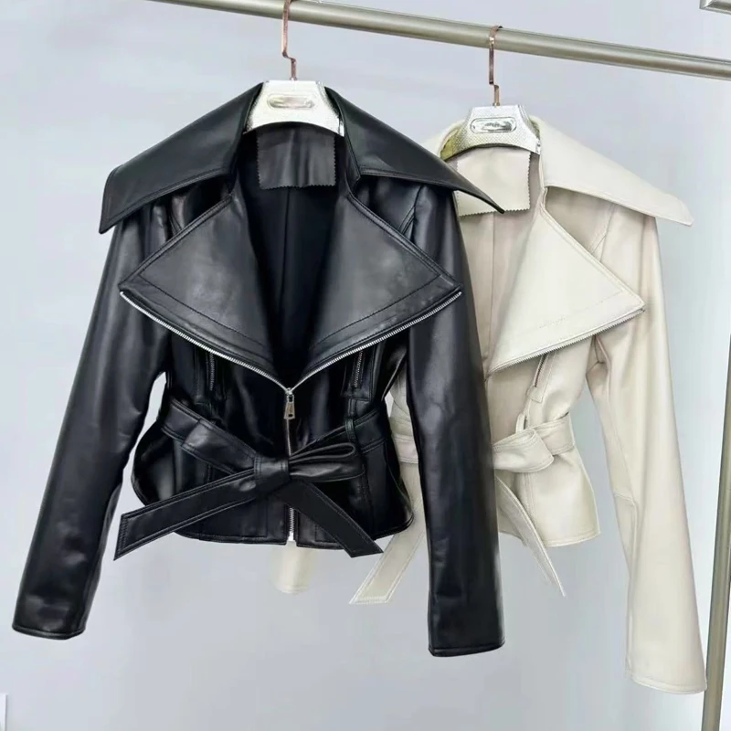 Blouson en cuir 2025 véritable pour femme, manteau court blanc avec ceinture, grand revers, moto, neuf