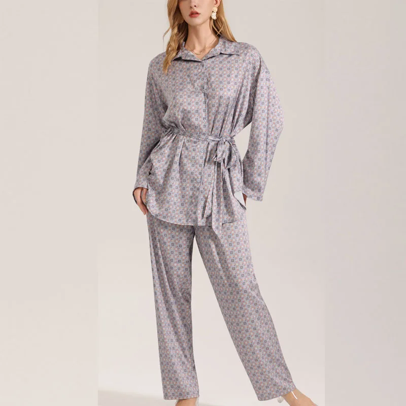 

Роскошные шифоновые пижамные комплекты Krismile для женщин, весна-осень 2022, прямые брюки со шнуровкой на талии, удобная женская одежда для сна с принтом