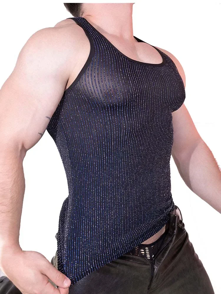 Sexy Men Sleeveless T-shirts Fashion Tank Top Shiny Breathable Sheer Vest Man Exotic Shaping Tank Tops Gym Female Tops