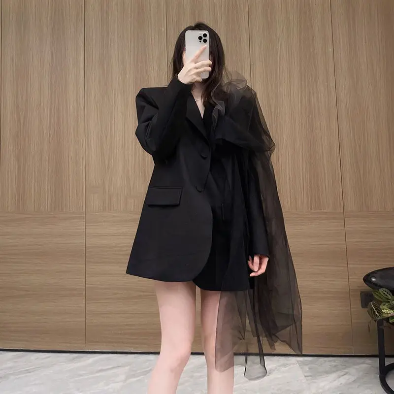 

Coat Women Jacket 2025 Spring Autumn Loose Style Lace Patchwork Fashion Simple Office Balck Tailored Coat