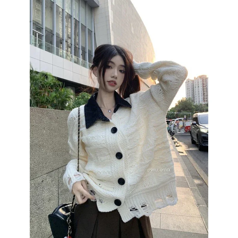 Fashion Hole Turn-down Collar Knitting Cardigan Coat Women Autumn Winter Simplicity Sweater Casual Office Lady Knitwear Tops