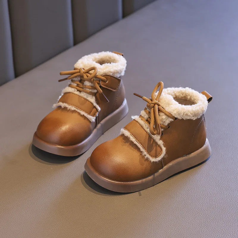 Kid Winter Thick Soled Boots Fashion Korean Style Children Warm Plush Cotton Boot Causal PU Leather Round-toe Girl's Ankle Boots