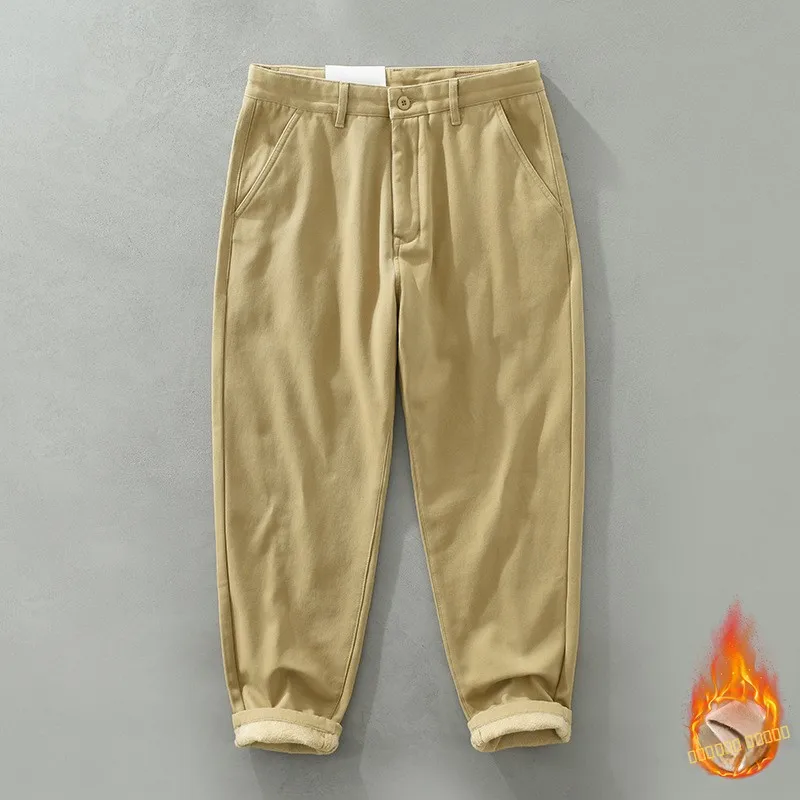 

Thiened Fce Men's Casual Pants Straight Leg Cotton Long Trousers Warm Versatile Pure Color Youth Faion Loose Fit