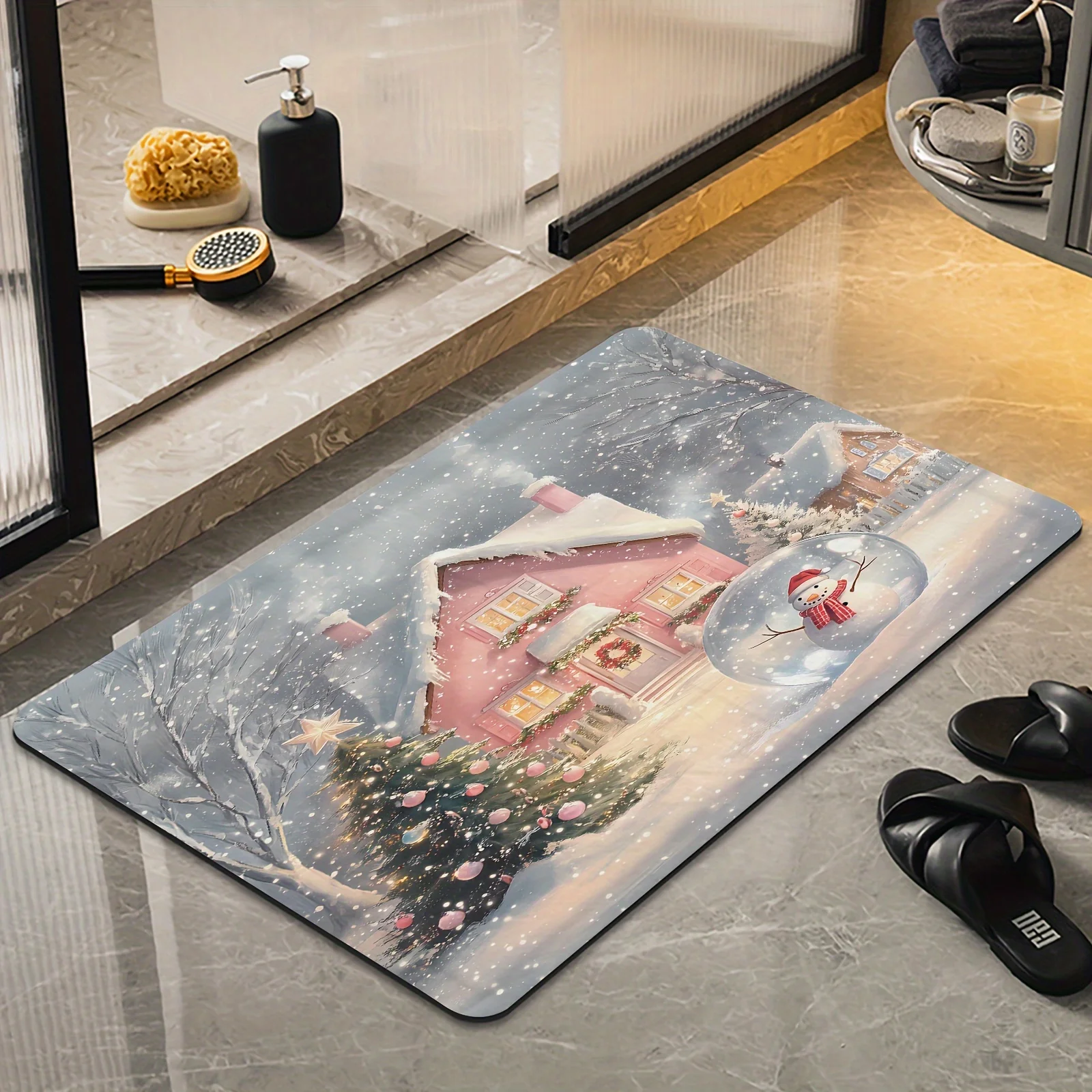 Dreamy Winter Pink Cabin Print Soft Carpet Bathroom Non-silp Doormat Suitable for Livingroom Entrance Decorative Accessories Pad