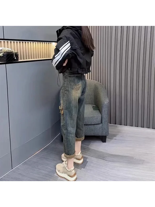 

plus Size Vintage High Waist Denim Pants Women's Design Slimming Versatile Harlan Jeans for Plump MM Casual High Waist Jeans