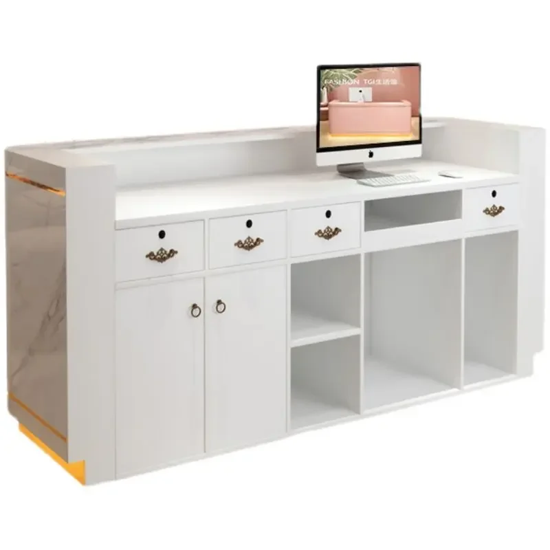 Simple beauty salon corner cashier counter store small imitation marble curved bar counter white paint front desk