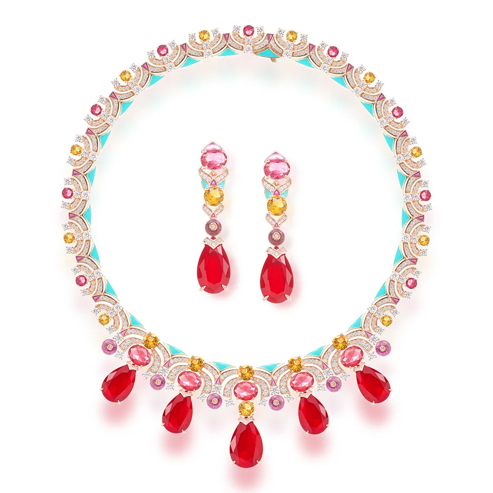 2‑Pcs Jewelry Set Necklace Earrings Multi‑Color Pear CZ Enamel Vintage Party Wedding Statement Jewellery for Women