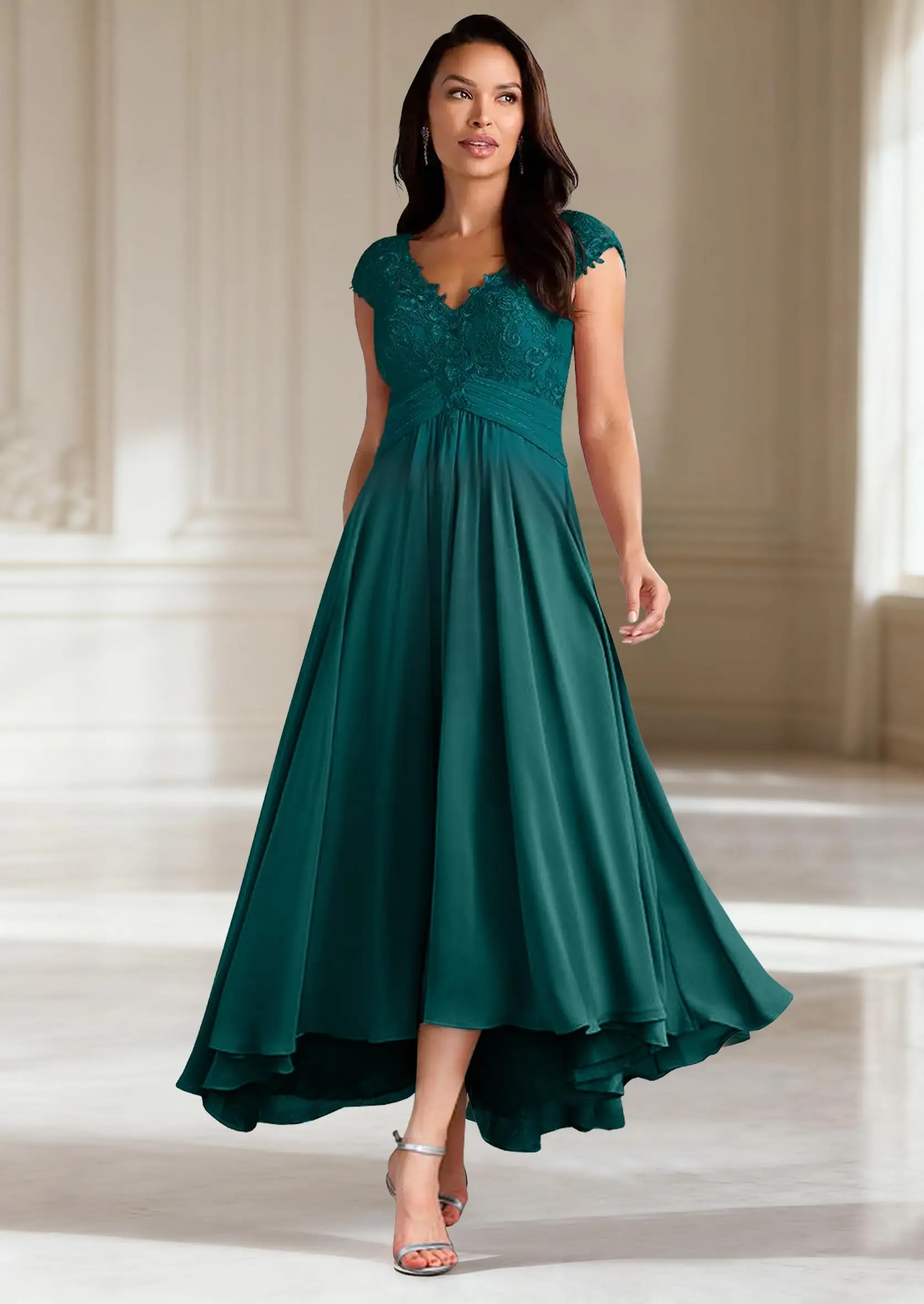 Hoog Laag Moeder van De Bruid Jurken voor Bruiloft Lange Chiffon Kant Kapmouw Formele Jurken voor Dames