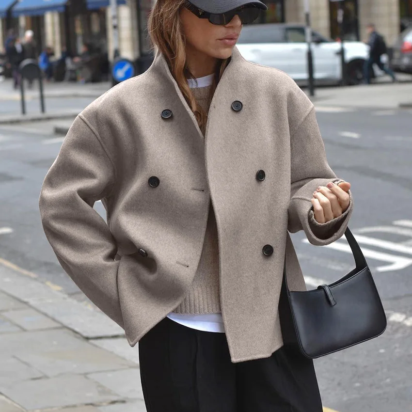 

Retro Woolen Autun Women's Coats Brown Stand Collar Double Breasted Lady's Short Jacket Instagram-Style Daily Outwear For Female