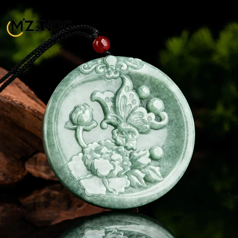 Authentic Natural A Goods Jadeite Butterfly Peony Open Rich Pendant Bean Green Ice Women\'s Jade Necklace Fashion Luxury Jewelry