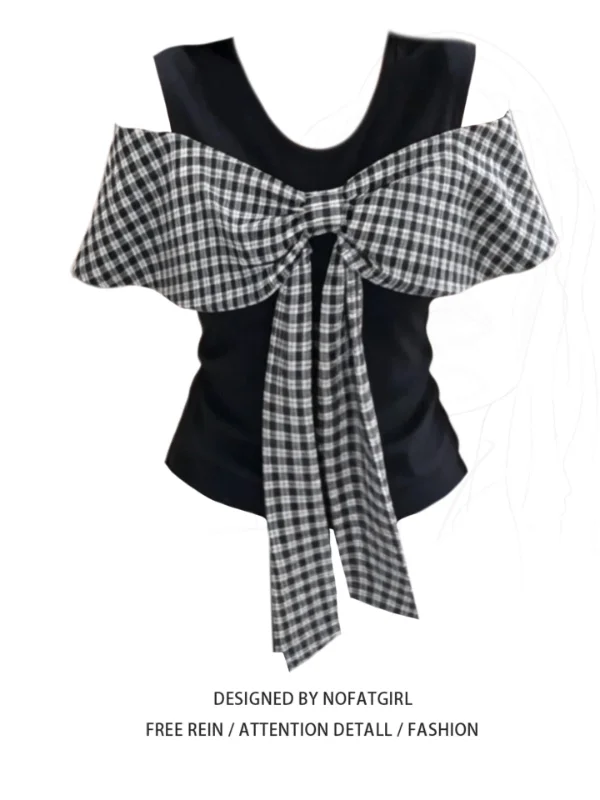 Sweet Style plus Size Women's T-Shirt with  Knot Shoulder Exposure Summer Slimming Design Checkered Short Sleeve Top