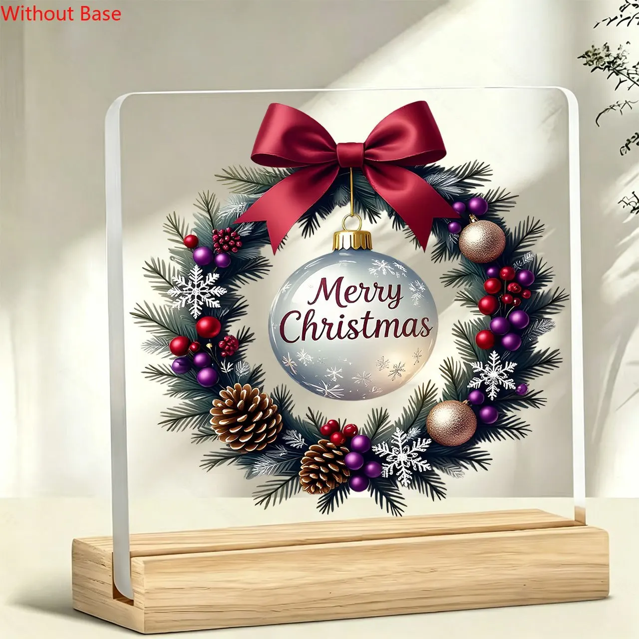 CIFBUY Acrylic Sign 2D Flat Wreath Merry Christmas Quote Wooden Base Paperweight Desktop Plaque Office Home Decor Gift for Famil