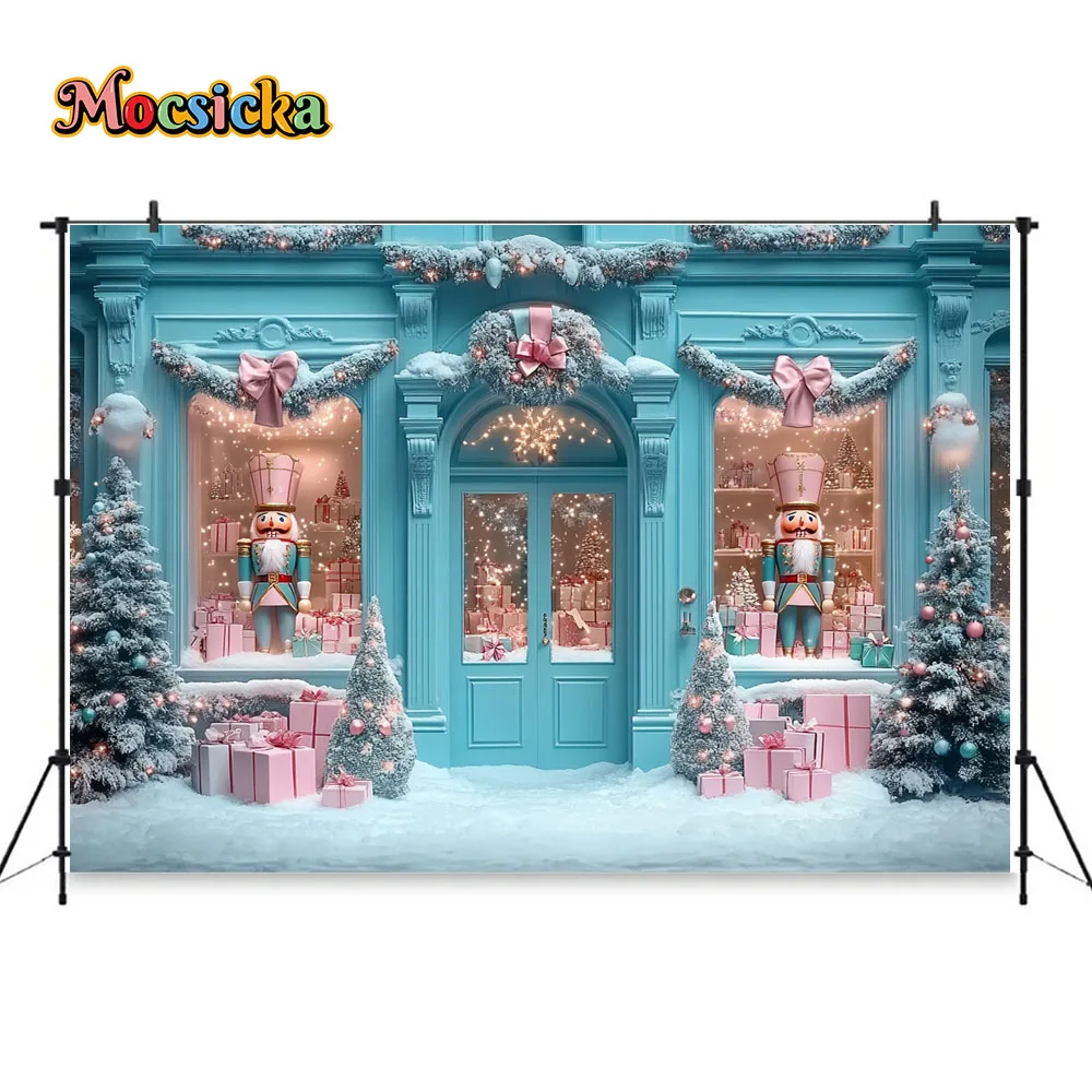 Christmas Gift Shop Photography Background for Girl Photo Nutcracker Soldier Backdrop Winter Blue Shop Front Snowflake Backdrop