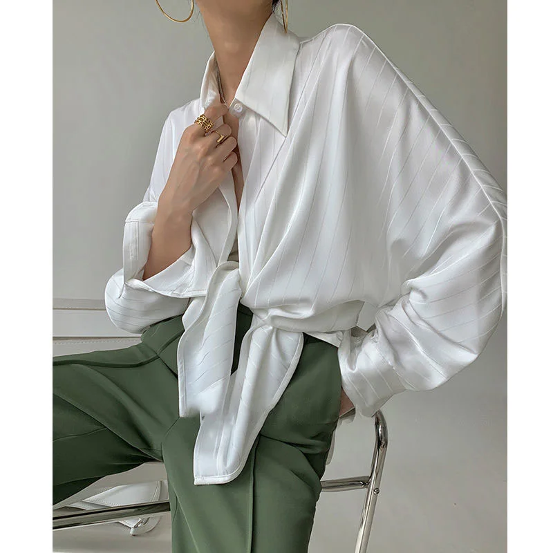 Fashion Striped Satin Silk Shirt Vintage Lapel Up Blouse Women Lady Long Sleeves Female Loose Solid Street Shirts