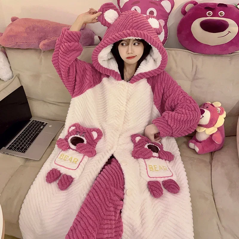 Disney pajamas winter warm two-piece set strawberry bear loungewear Disney loungewear cute cartoon strawberry bear pajamas