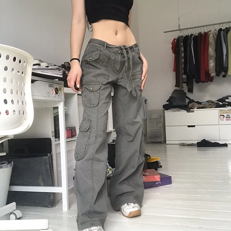 

Aesthetics E-Girl Vintage Trousers for Women Low Waist Flare Pants Slim Fit Pockets Fashion Black Pants Y2K Streetwear