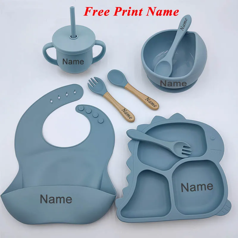 Dinosaur Children Dishes Plate Baby Feeding Set Personalized Name Silicone Tableware For Kids Toddlers Training Bowl Baby Stuff