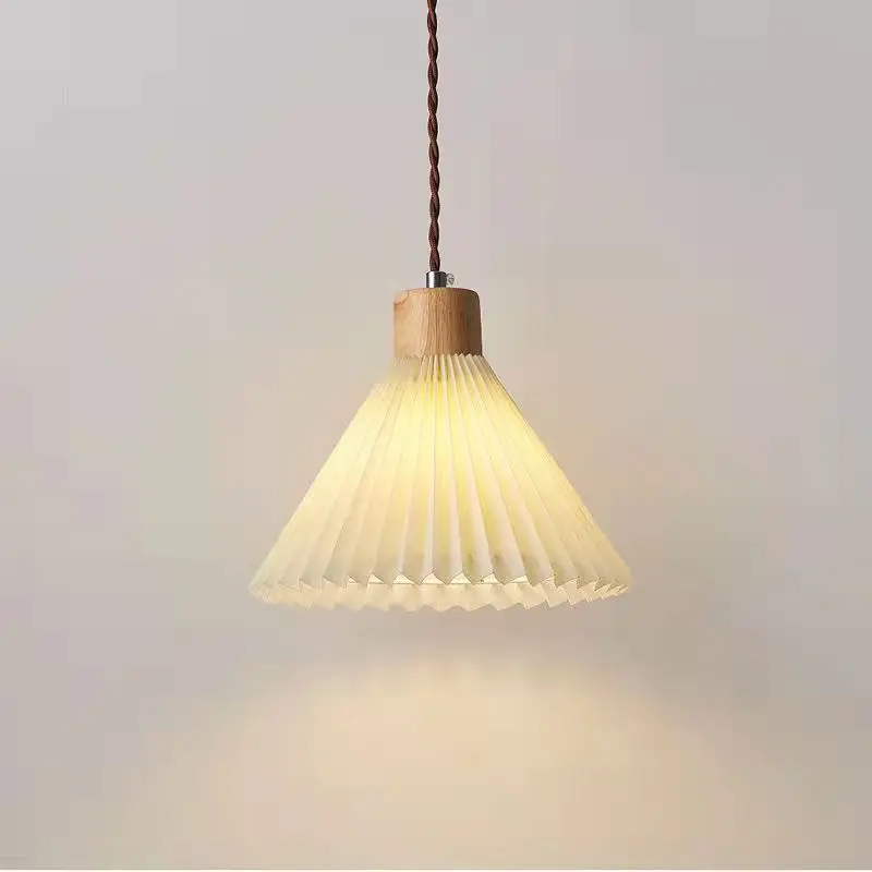 Retro Pleated Pendant Light For Living  Dining Room Bedside Solid Wooden Ceiling Hanging Fabric Lampshade Bar Home Decoration