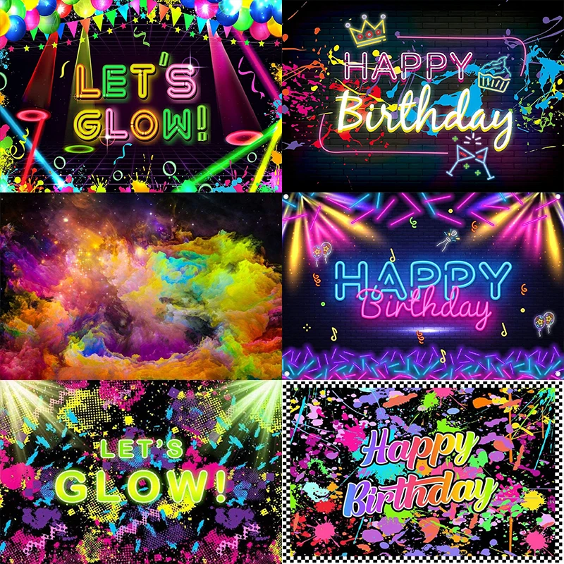 Glow Dark Happy Birthday Party Photography Backdrop Colorful Graffiti Splash Paint Background Slime Light Sleppover Decor Neon