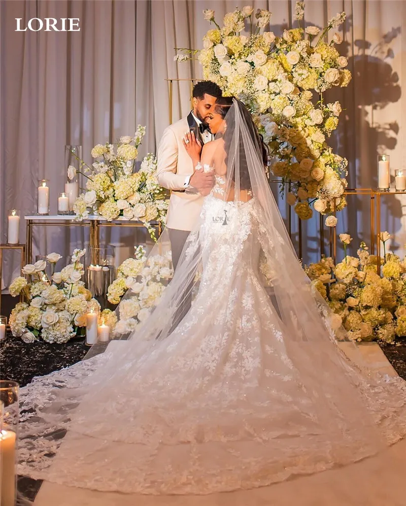 LORIE-Vestidos de Novia de encaje meramida con hombros descubiertos, vestido de novia Vintage con Apliques de encaje, vestido de boda campestre 2024