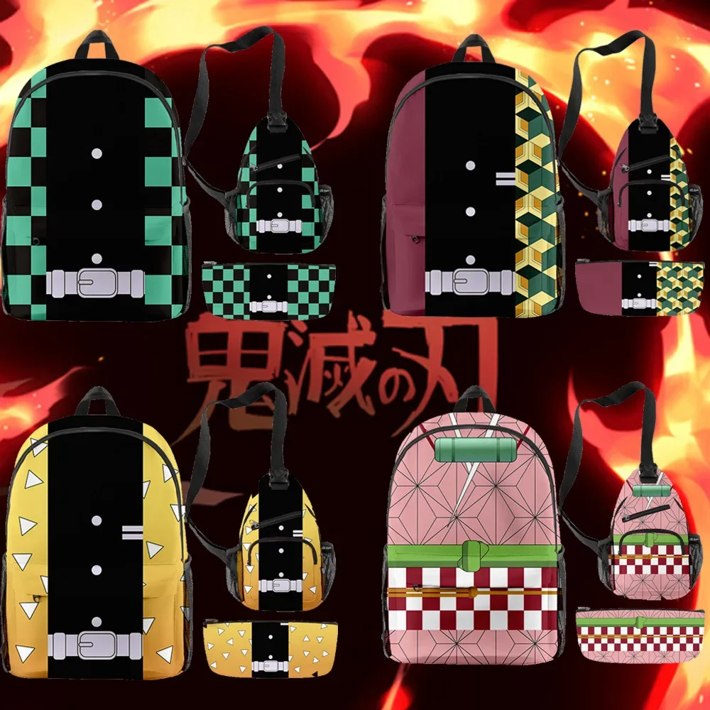 Anime Dämon Slayer Rucksack Kimetsu Keine Yaiba Leinwand Taschen Tomioka Giyuu Schule Taschen für Mädchen Jungen Drei-Stück Anzug reisetasche