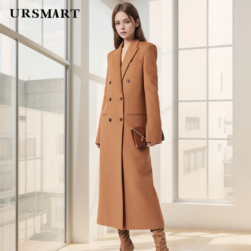 Women's Camel Ankle-Length Wool Coat - Double Breasted Custom Fit Cashmere Blend Winter Warm