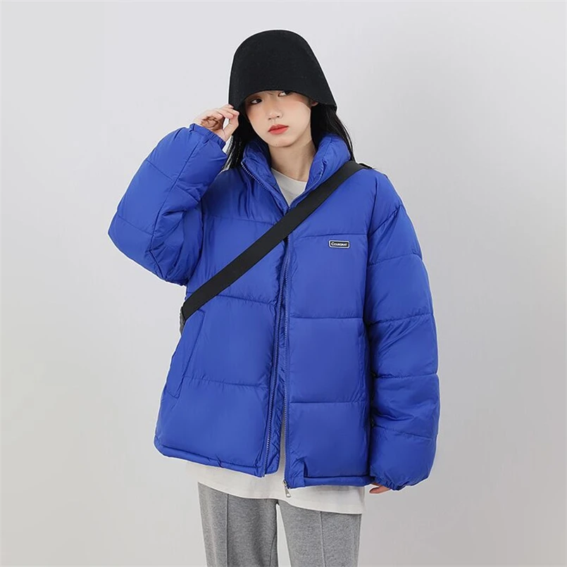 Jaket Puffer warna Solid wanita, pakaian luar musim dingin, tebal, hangat, mantel katun Mode Korea, pakaian luar Chic kasual longgar