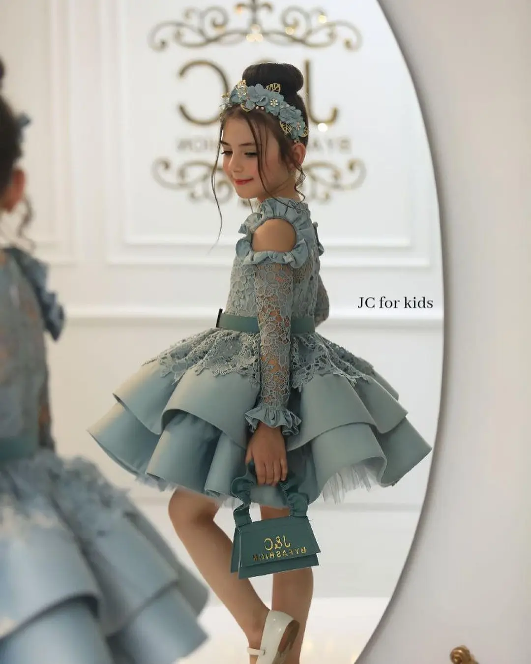 BABYONLINE-vestido de princesa de cuello alto con manga de ilusión, falda esponjosa de encaje, vestido de baile Formal, fiesta de JuniorBride