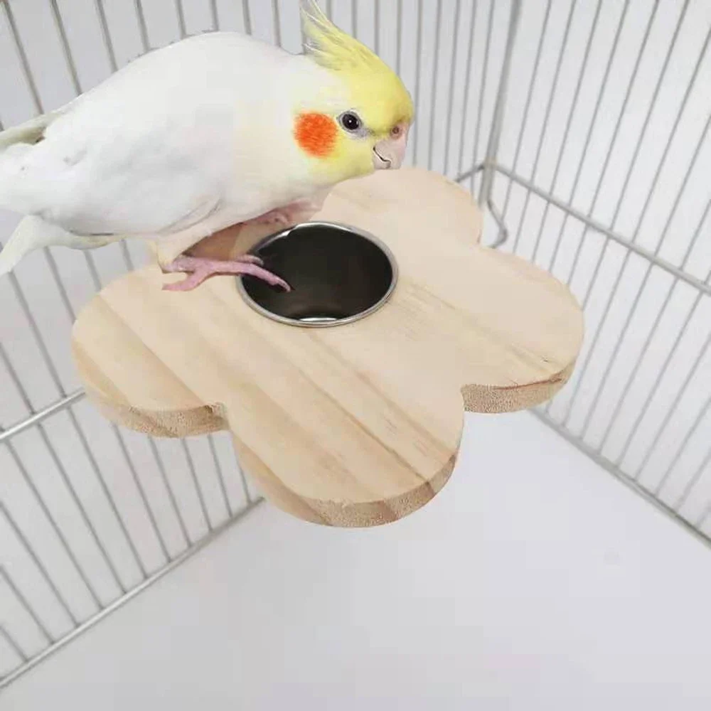 1pc Wood Bird Stand Board with Stainless Steel Bowl Feeder for Small Animals Pet Bird Parrot Cage Hanging Springboard Feeder Toy