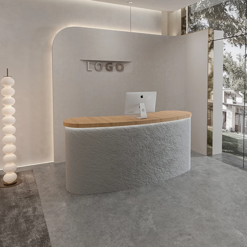 مكاتب استقبال مستديرة بنية فاخرة ديكور بوتيك ملابس مقوسة مكتب استقبال أبيض صغير Empfangs Theke أثاث المكاتب #6