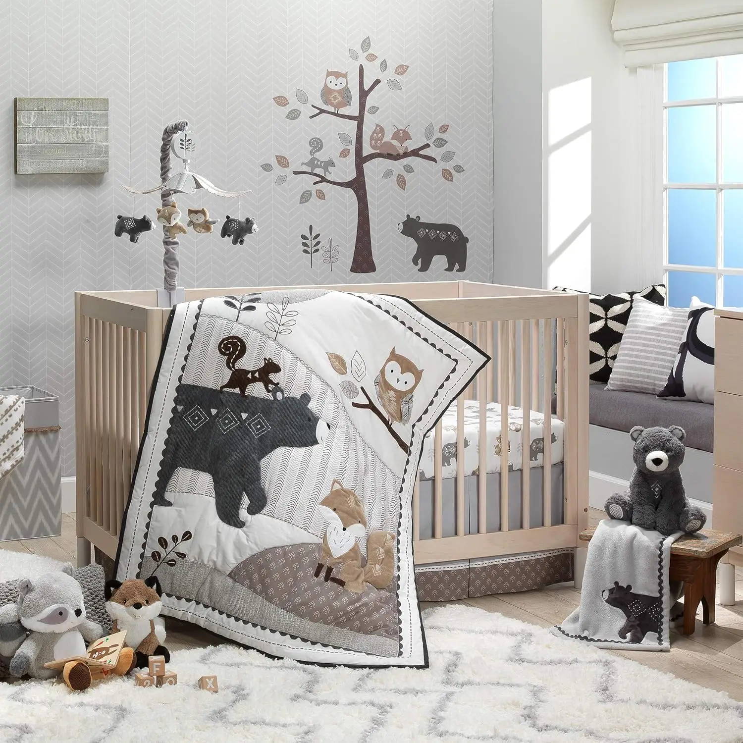 Bedding Set Animal Nursery 5-Piece Baby Crib,  Upscale Fabrications, 100% Breathable Cotton, Bed Sheet